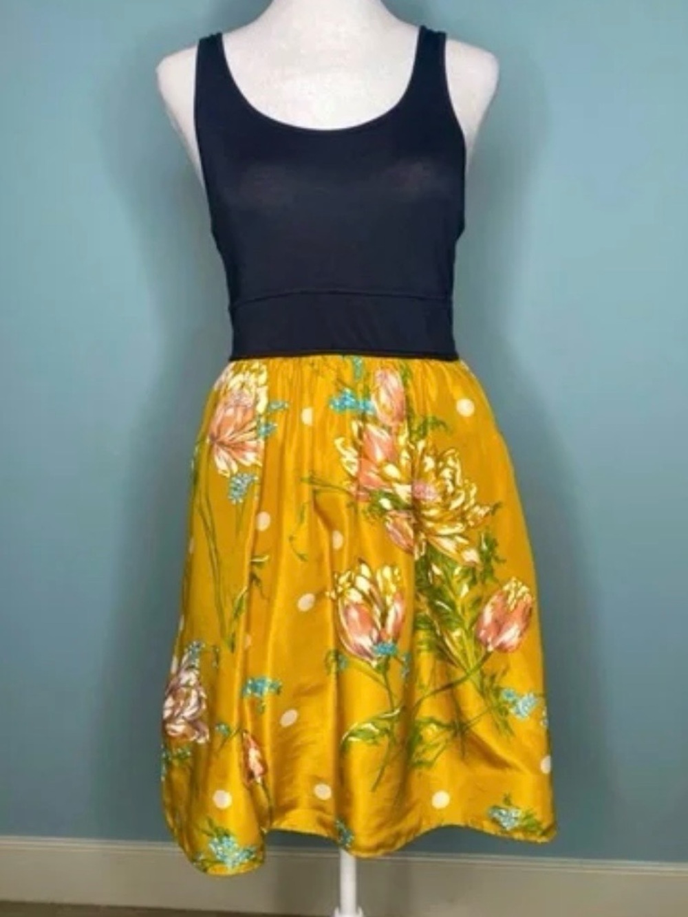 Maeve by Anthropologie Black Tank Top with Mustard Floral Mini Skirt Sise S